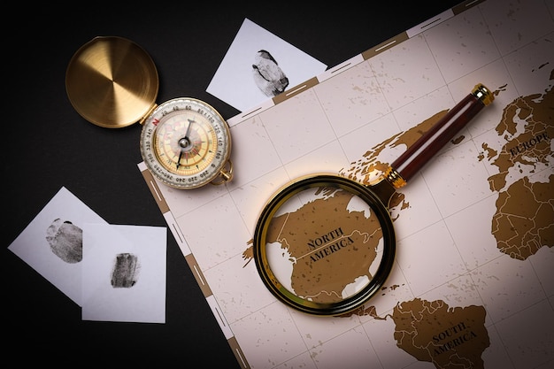 magnifying glass with map and vintage compass