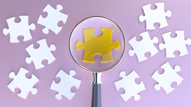 A magnifying glass with a puzzle piece under it