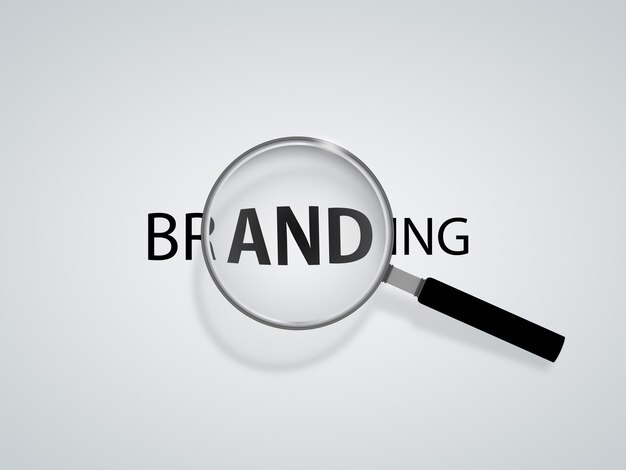 Foto lente d'ingrandimento con parole branding su sfondo azzurro concetto di business e marketing