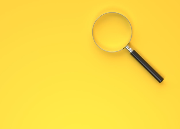 Photo magnifying glass on a yellow background search find and discover concept 3d renderillustration