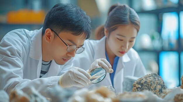 사진 확대 유리 를 들고 있는 아시아 의 남녀 지질학자 연구자 들 이 바위 를 조사 하고 있다