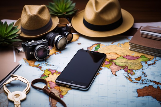 Foto ingrandimento dei dettagli del viaggio passaporti con cappello di paglia per smartphone sullo sfondo di una mappa