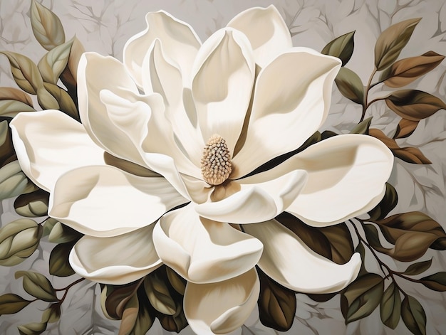 Magnolia bloom with green leaves