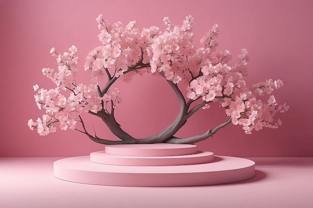 Magnolia branches vernal flower tree blossom and 3d pink scene rendering with podium