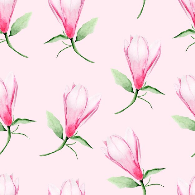 Magnolia bud on pink background watercolor seamless pattern