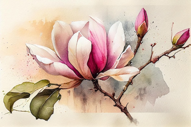 Magnolia drawing with bit of watercolour generative ai