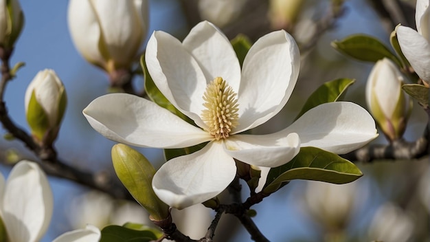 Magnolia flower on a branch close up