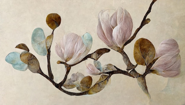 Magnolia flower on white background closeup Style floral collage in pastel color palette Generative Ai