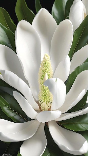 細かい白い花びらを持つマグノリアの花 大きな香りのある花 輝く濃い緑色