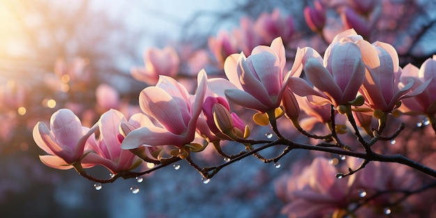 マグノリアの花は枝に朝の露は庭の水滴に