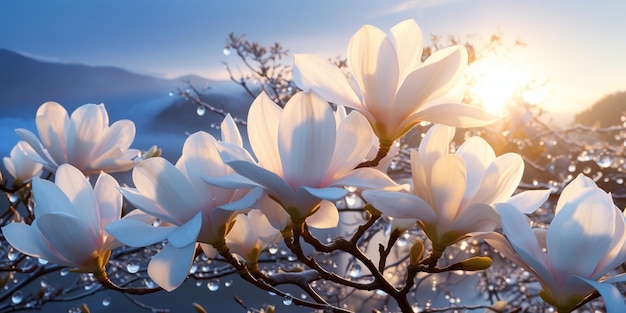 magnolia flowers on branch morning dew water drops in garden