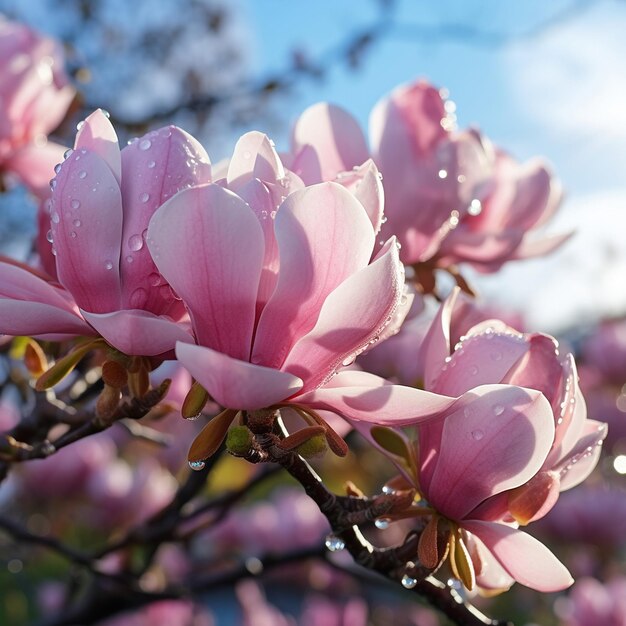 マグノリアの花は枝に朝の露は庭の水滴に