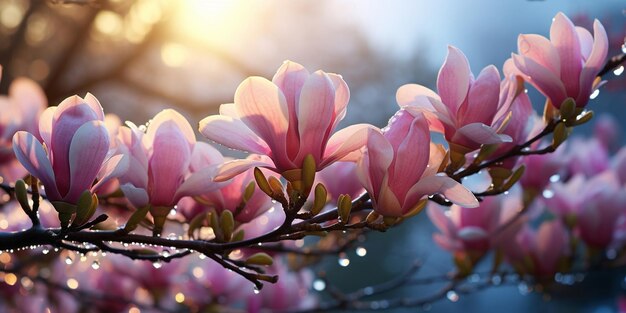 マグノリアの花は枝に朝の露は庭の水滴に