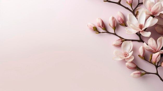 magnolia flowers branches on the background for copy space top view floral arrangement