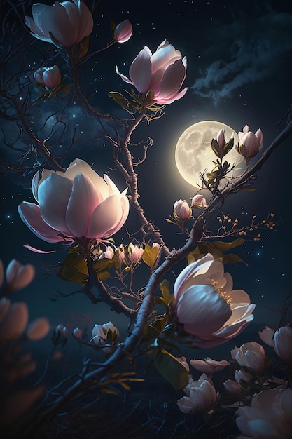 Magnolia flowers on branches at night with full moon