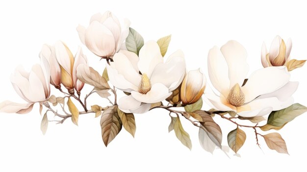 Magnolia flowers watercolor hand drawn on a white background illustration Generative AI