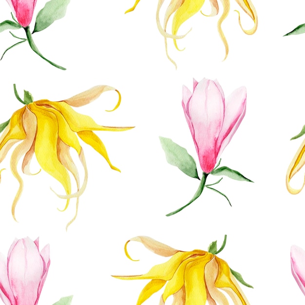 Magnolia and kananga flowers watercolor seamless pattern