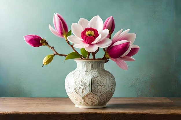 Magnolia vase arrangement on a light green background