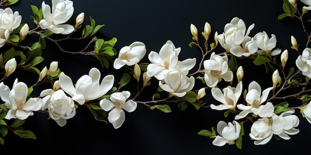 Magnolias flowers background banner panorama Beautiful blooming white magnolia branch isolated on black background top view