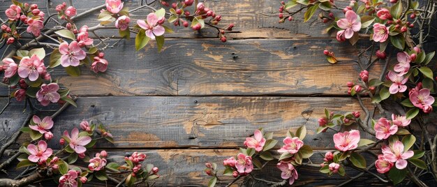 Photo magnolias and lilacs your text and shabby wooden planks in rustic style