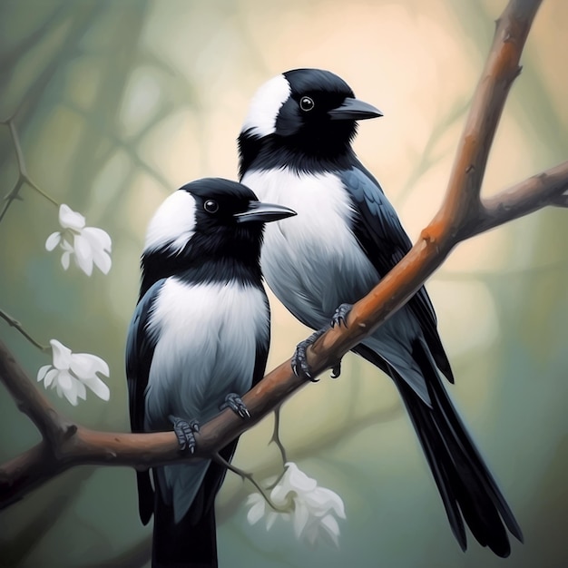 Magpie birds sitting face to face images Generative AI