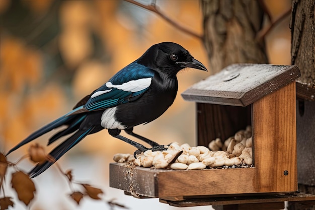 Magpie eating from birdhouse feeder created with generative ai