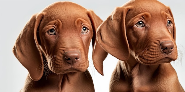 Magyar vizsla pups in closeup on a white background