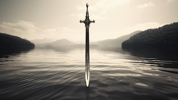 Photo magyc sword in lake old photo effect