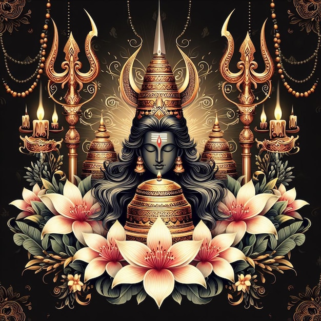 Maha shivratri illustratie van trishul damru en bloemen met zwarte achtergrond shivratari post