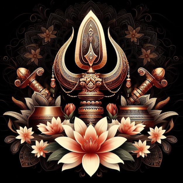 Maha shivratri illustratie van trishul damru en bloemen met zwarte achtergrond shivratari post