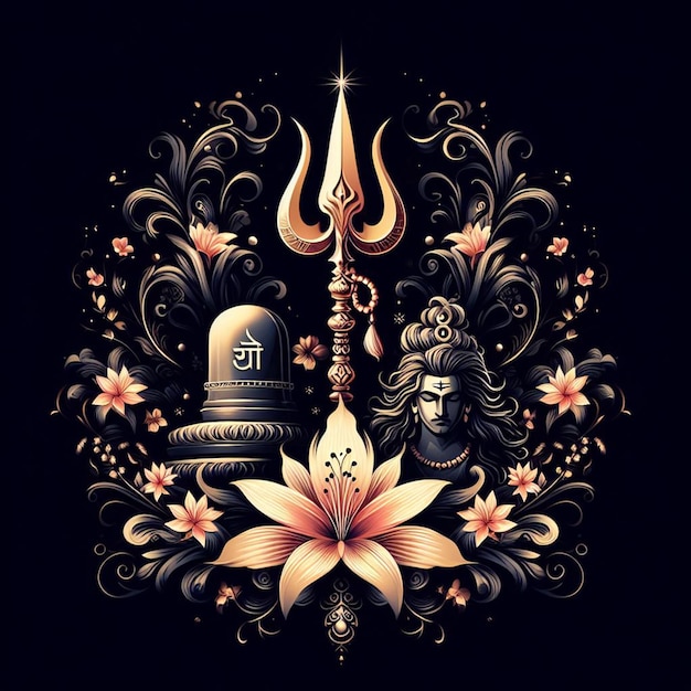 Illustrazione di maha shivratri di trishul damru e fiori con sfondo nero post di shivaratri