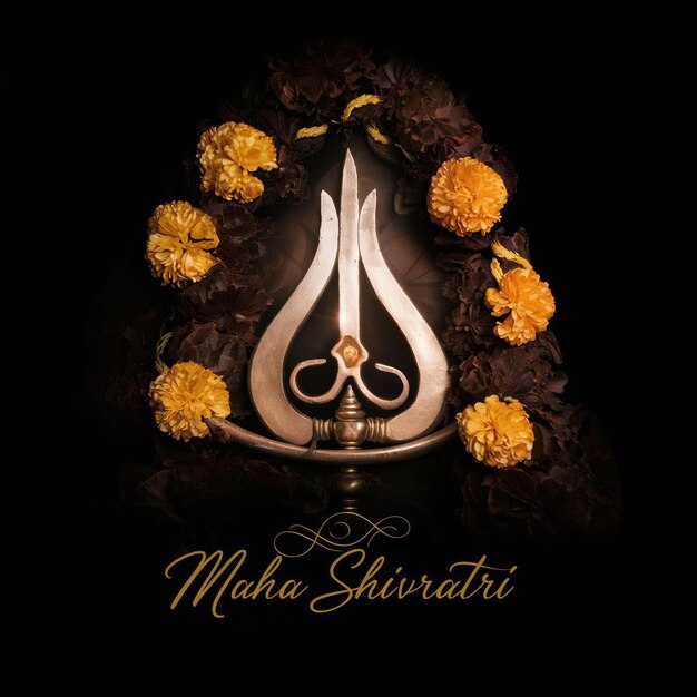 Foto illustrazione di maha shivratri di trishul damru e fiori con sfondo nero post di shivaratri