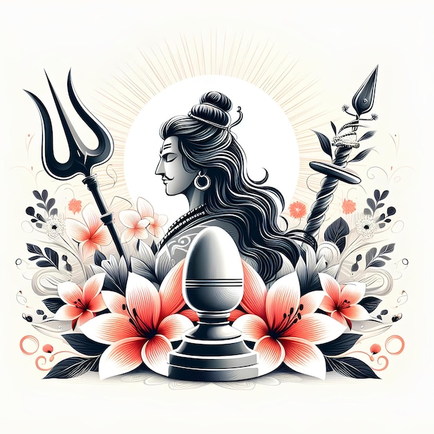 Photo maha shivratri illustration of trishul damru and flowers with white background shivratri post