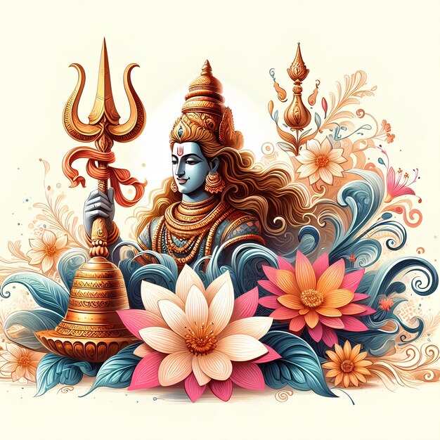 Maha shivratri illustration of trishul damru and flowers with white background shivratri post