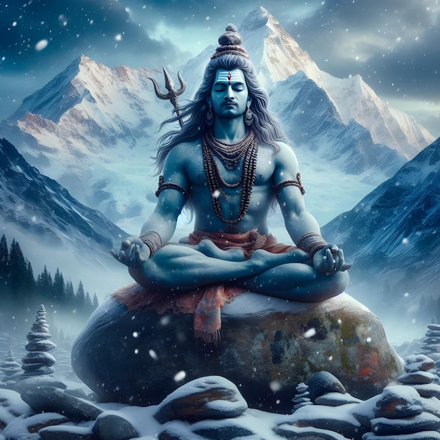 Mahadeva sitting on the Himalayas doing penance and light snow is falling Maha Shivaratri Mahadev