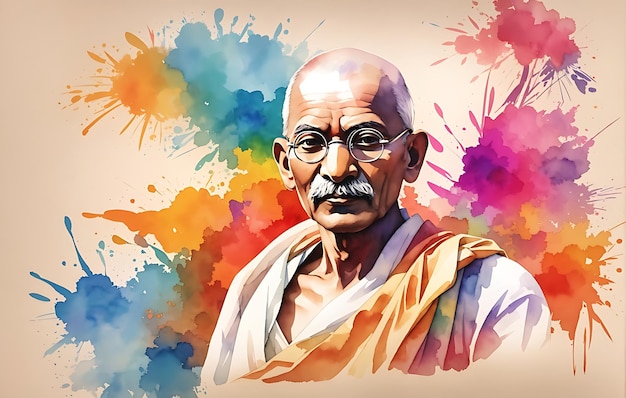 Махатма Ганди в ярких акварельных рисунках