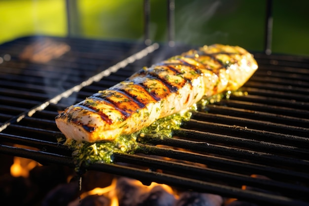 A mahimahi fish grilled on a barbecue