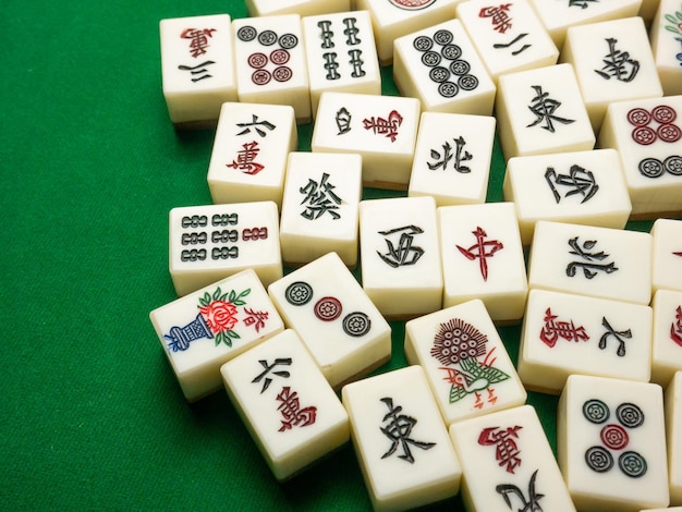 The mahjong on table ancient asian board game close up image