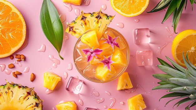 Mai rum cocktail met limoen en amandelen ananas op roze achtergrond met ijsblokjes