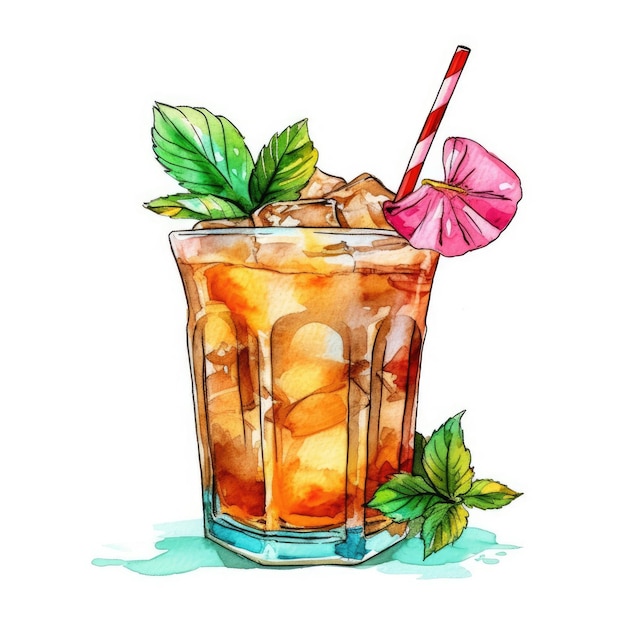 Mai Tai Cocktail geïsoleerd op wit getekend met aquarel generatieve AI