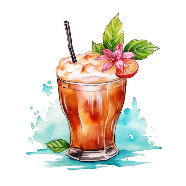 Mai Tai Cocktail isolated on white drawn with watercolor generative AI