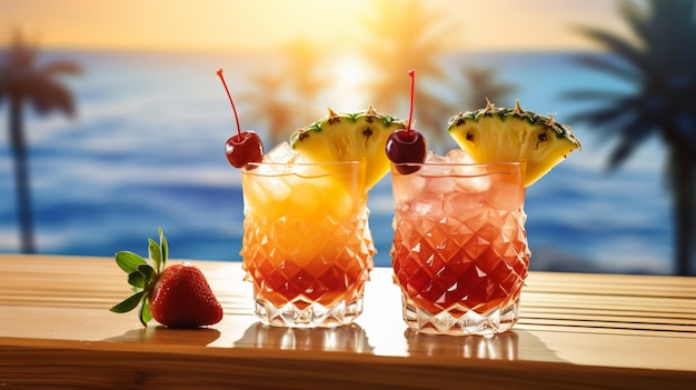 Mai tai cocktails in hawaiian glasses garnished