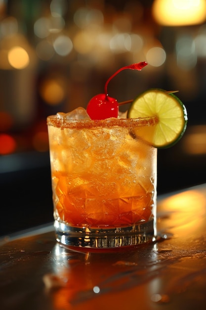 Photo mai tai a fruity concoction with light and dark rum lime juice orgeat syrup and a cherry garnish