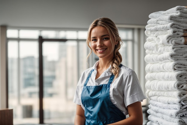 Photo maid girl clean towels hotel