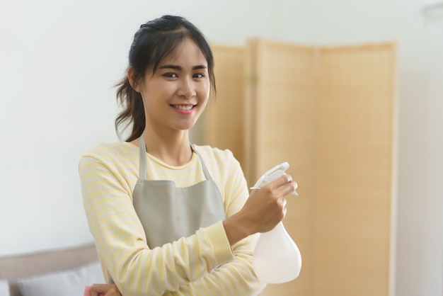 Maid holding bottle of hygiene spray and microfiber fabric to cleaning and wiping the dirty in home