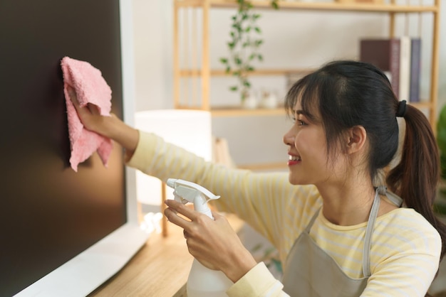 Maid spraying cleaner on television and wiping dirty with microfiber fabric to cleaning in home