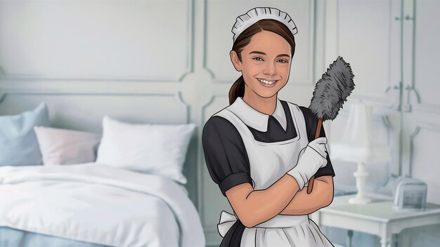 Photo maid in uniform smiling with duster