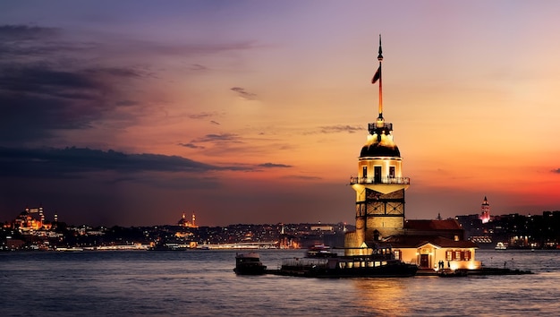 Maiden Tower in Bosforus illuminated at sunset, Istanbul