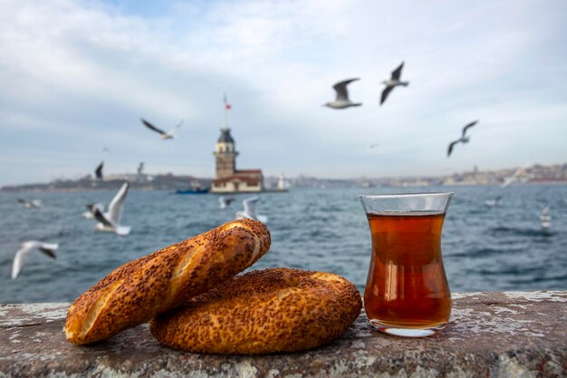 Maiden tower Kiz Kulesi and Turkish bagel Turkish tea