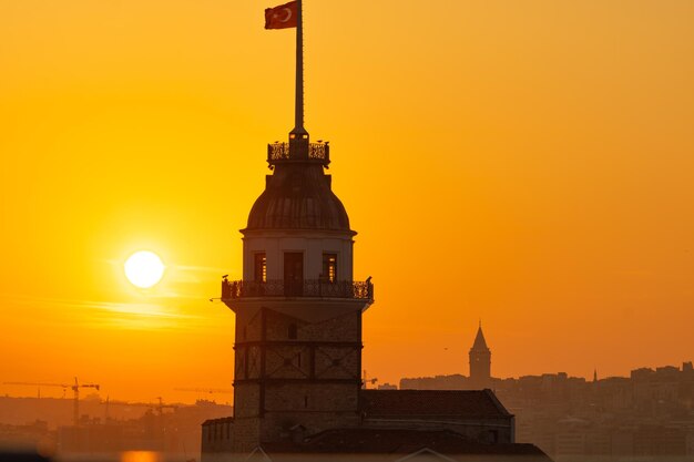 Maidens tower and galata tower at sunset